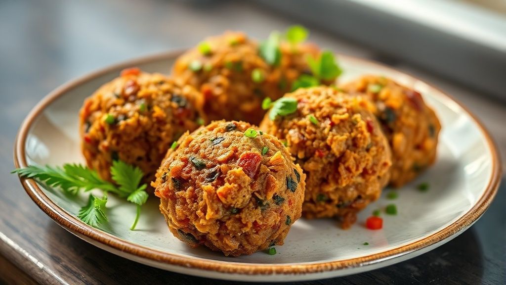 Prato com croquete de carne moída crocante, dourado e sequinho, servido com molho e limão