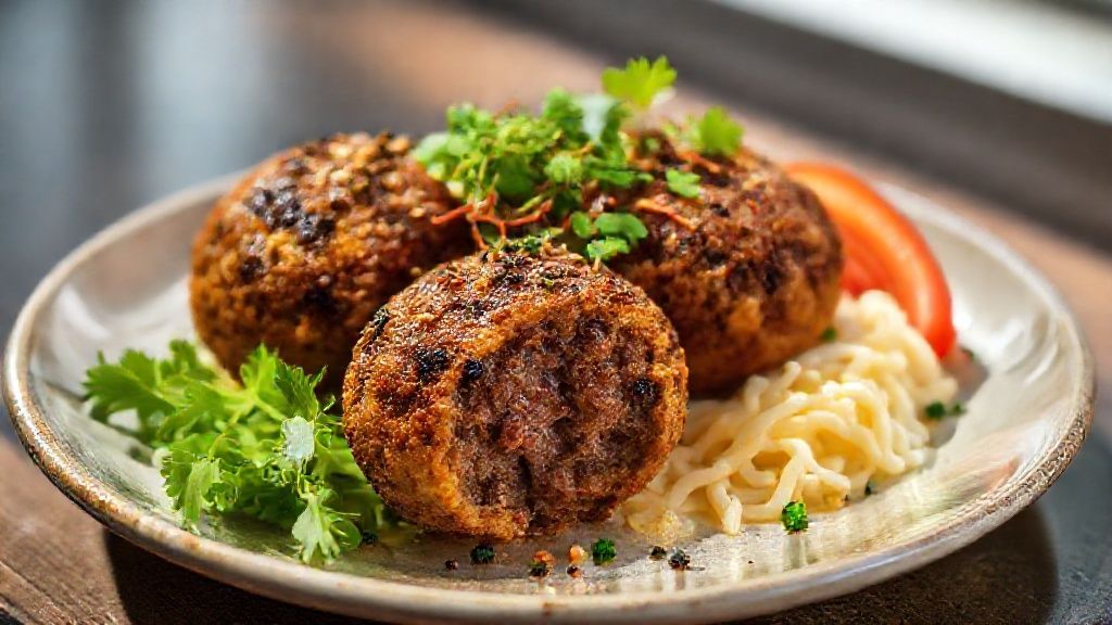 Croquete de carne moída dourado e crocante servido em prato, com aparência caseira e apetitosa