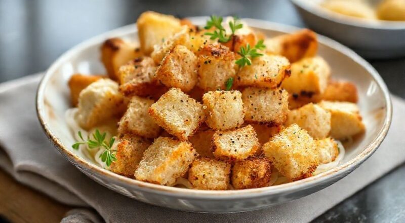 Tigela de croutons dourados, crocantes e temperados, com aparência apetitosa e textura leve