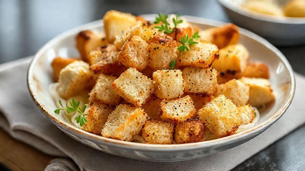 Tigela com croutons caseiros crocantes, dourados e temperados prontos para servir com saladas e sopas