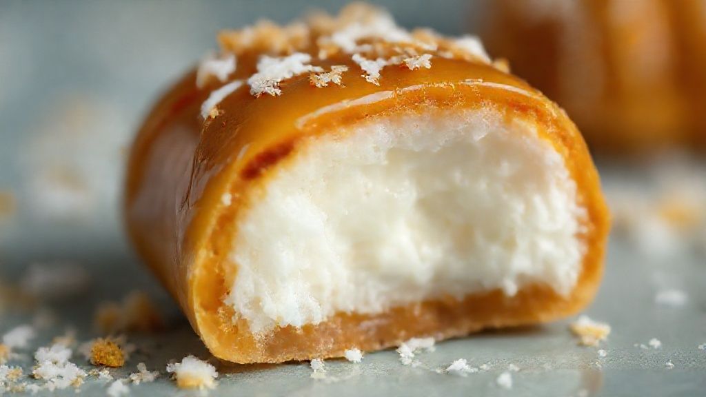 Close-up de uma bala baiana com brilho vítreo e recheio de coco visível