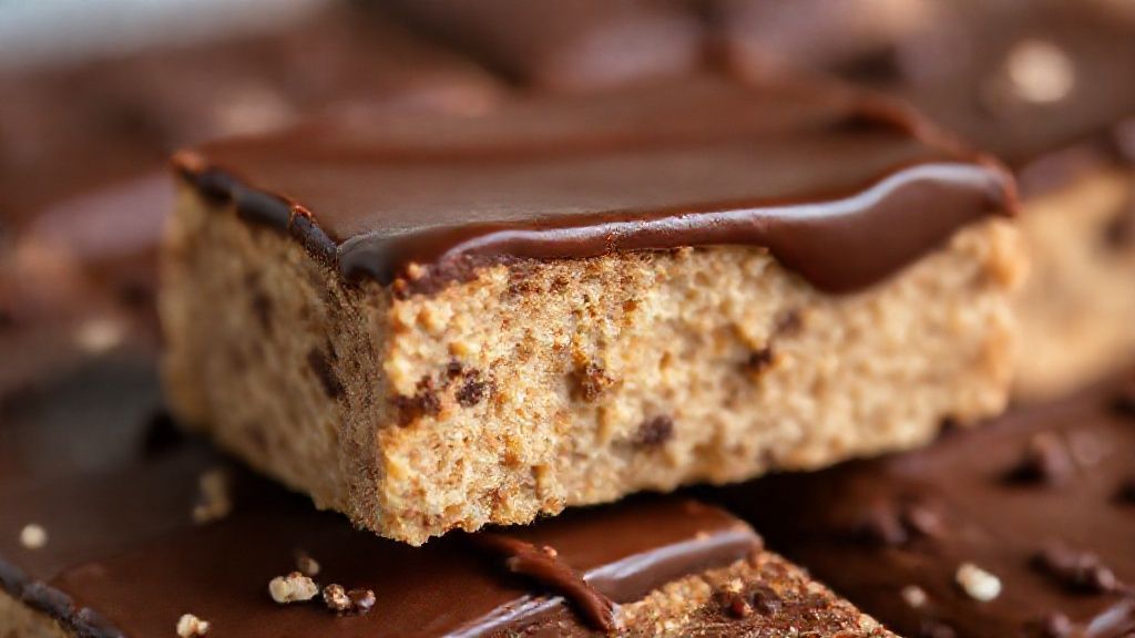 Close-up mostrando a textura e o brilho da cobertura de chocolate das barrinhas prontas