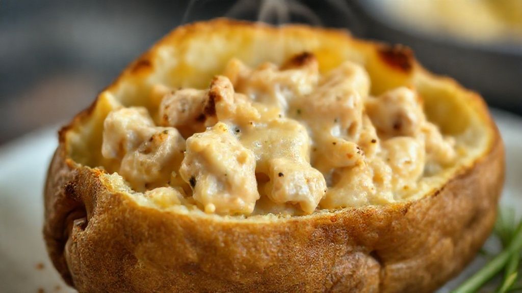 Close-up da batata aberta mostrando o recheio cremoso e o queijo derretido dourado por cima