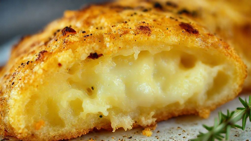 Close-up do corte da batata suíça mostrando o queijo derretido e o recheio suculento entre as camadas douradas.