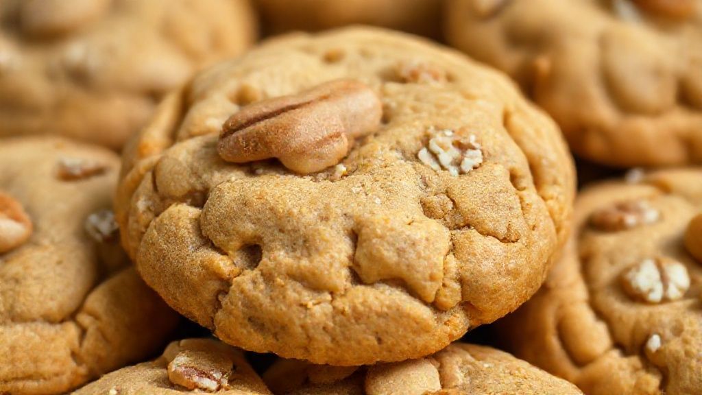 Close-up da bolachinha de amendoim dourada, destacando a textura crocante e o amendoim na superfície
