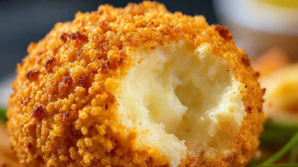 Close-up mostrando a textura crocante da bolinha partida ao meio com o queijo derretido esticando.