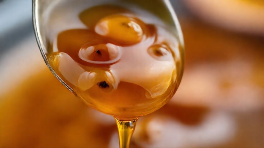 Close-up da calda de maracujá brilhante escorrendo lentamente de uma colher