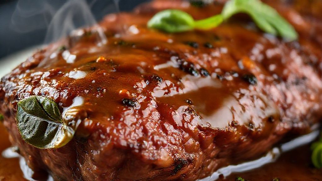 Close-up da carne fatiada coberta com o molho brilhante e folhas de manjericão fresco sobre o prato
