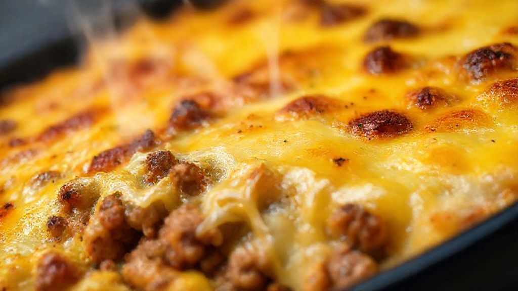 Close-up do gratinado mostrando a crosta dourada e o queijo derretendo sobre o purê