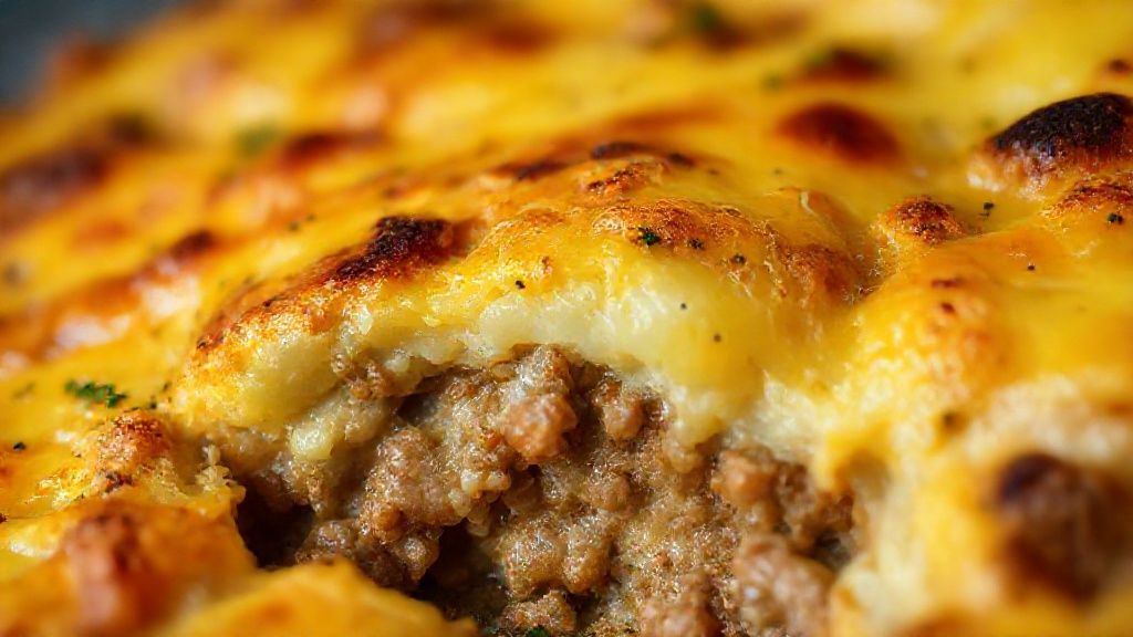 Close-up do gratinado mostrando o queijo dourado e o interior suculento