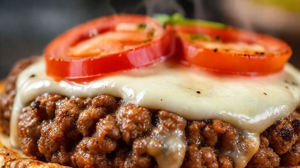 Close-up do prato mostrando o queijo derretido e o tomate fresco por cima da carne suculenta