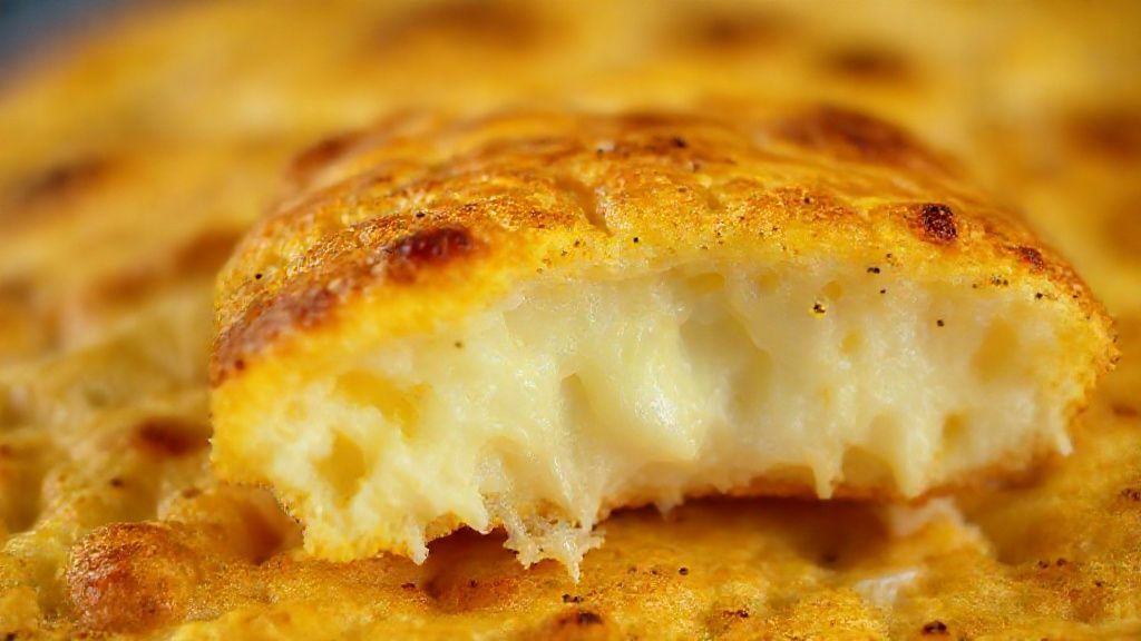 Close-up mostrando textura dourada e fios de queijo no interior da chipa partida ao meio.