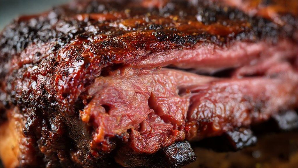 Close-up da costela dourada e suculenta, com textura crocante e carne se soltando do osso