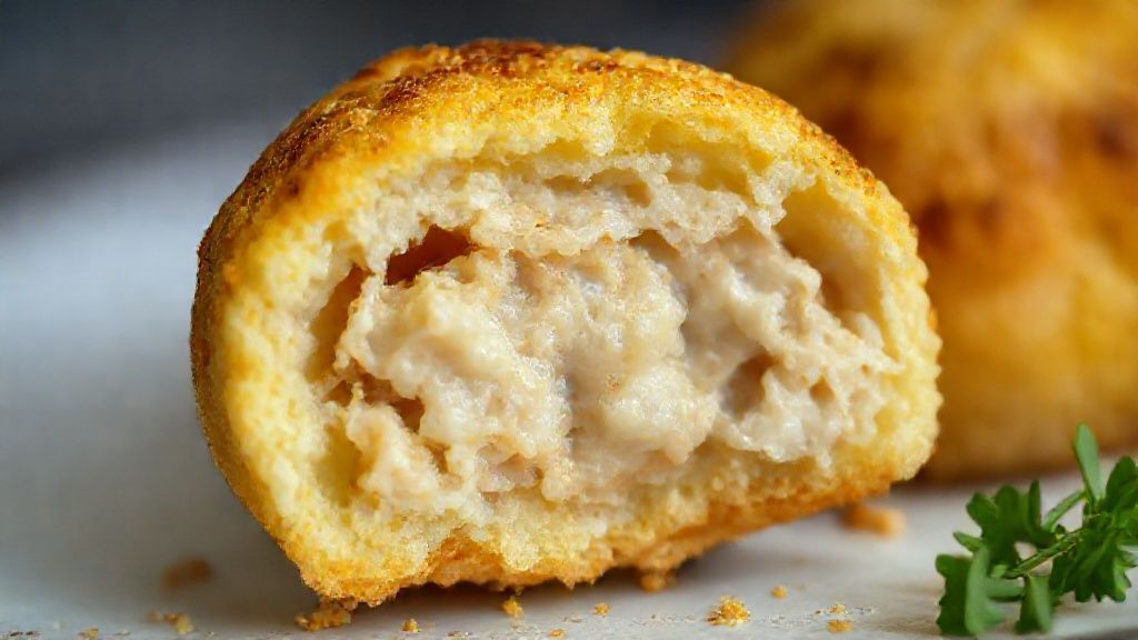 Close-up da coxinha com massa de mandioca cortada ao meio, mostrando o recheio cremoso