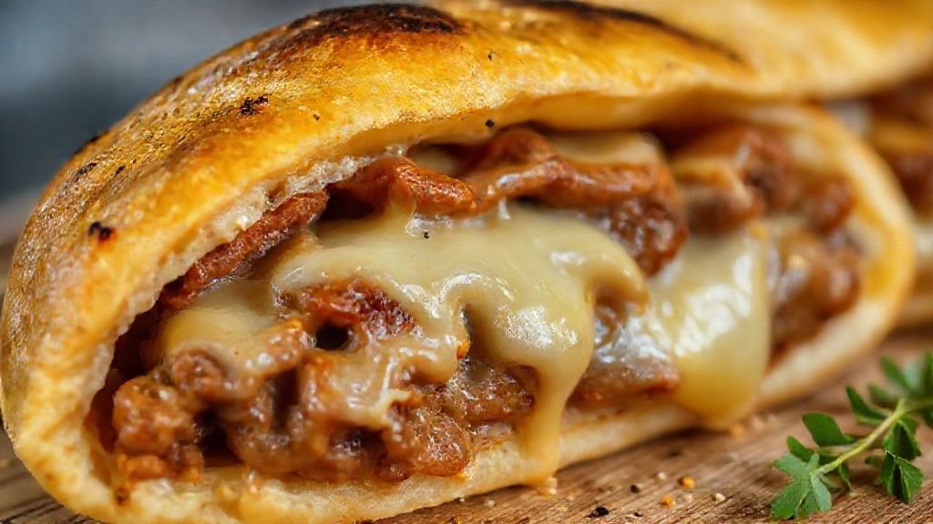 Close-up mostrando o interior suculento da esfirra de carne aberta, destacando textura da massa e recheio