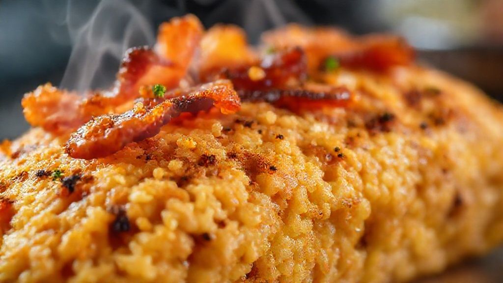 Close-up da farofa crocante, destacando os pedaços dourados de bacon e a textura soltinha