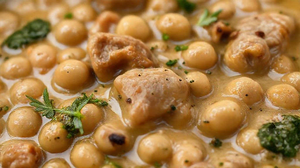 Close-up da fava nordestina cremosa, mostrando a textura e os pedaços de carne e ervas frescas