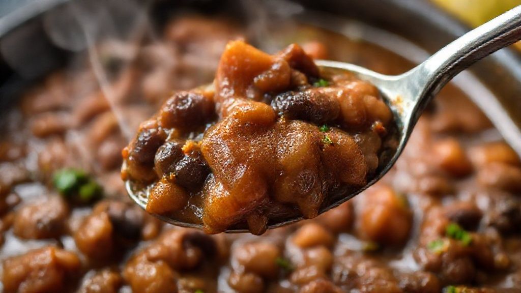 Close-up mostrando o caldo espesso, os pedaços de carne e os grãos de feijão cozidos perfeitamente.