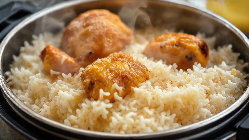 Close-up da galinhada servida, destacando os grãos de arroz soltinhos e o frango dourado com molho leve.