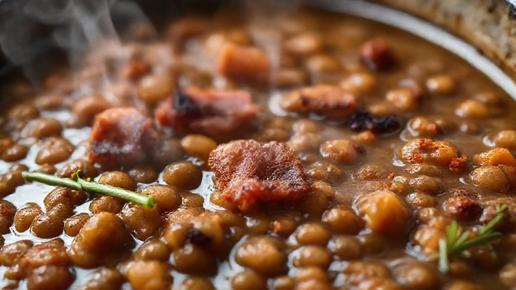Close-up do prato de lentilha pronto, mostrando o caldo espesso, os grãos cozidos e o bacon dourado
