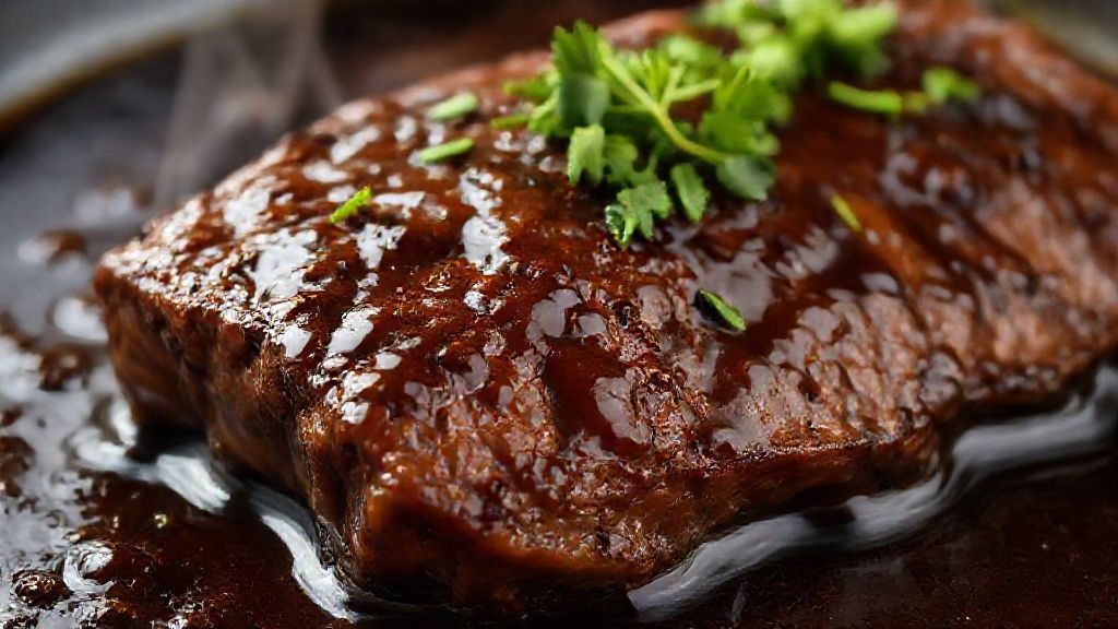 Close-up das fatias de língua cobertas por molho escuro e brilhante, com salsinha fresca e pimenta biquinho