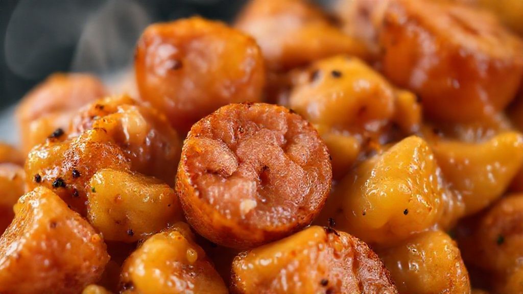 Close-up mostrando a textura cremosa da mandioca e o brilho da linguiça dourada no caldo espesso