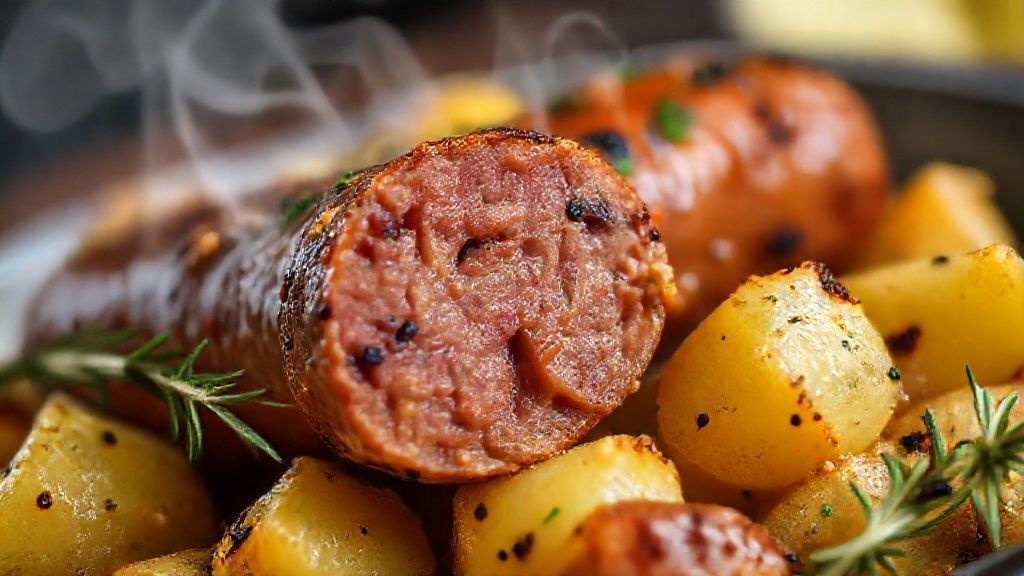 Close-up do prato mostrando as batatas macias e a linguiça dourada com molho espesso.