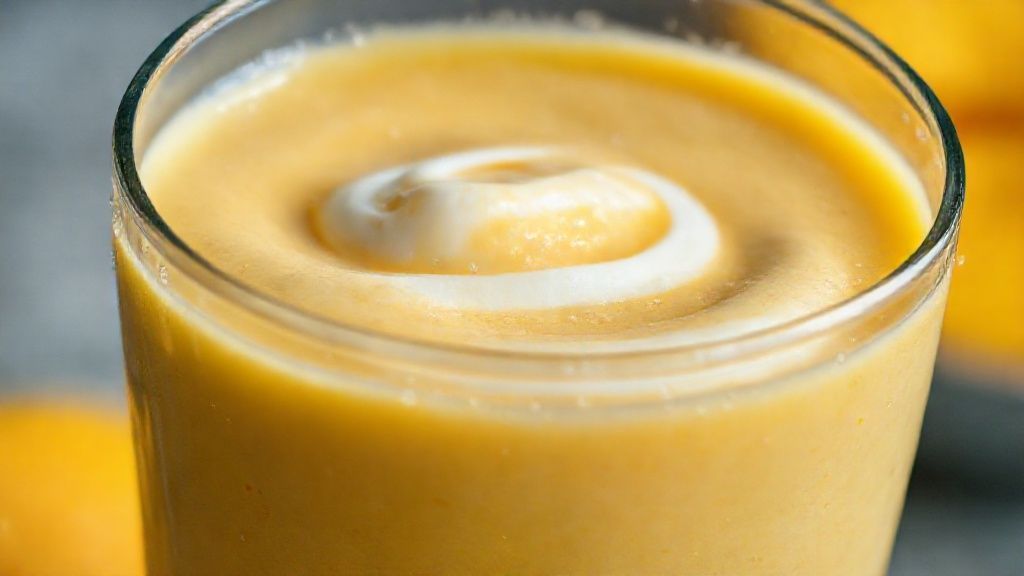 Close-up da textura cremosa e brilhante da manga com iogurte em copo transparente.