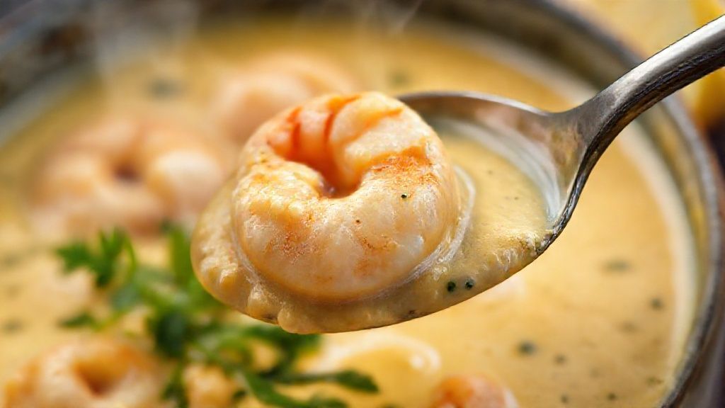 Close-up do camarão e do molho cremoso, destacando as cores vibrantes e a textura do prato