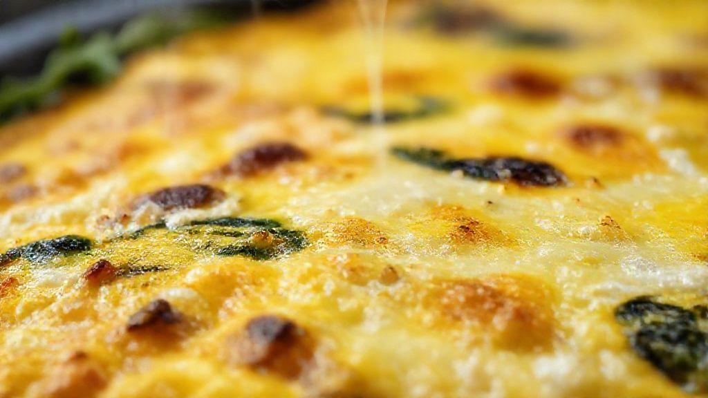Close-up da omelete dourada cortada, mostrando o interior úmido e o queijo derretido
