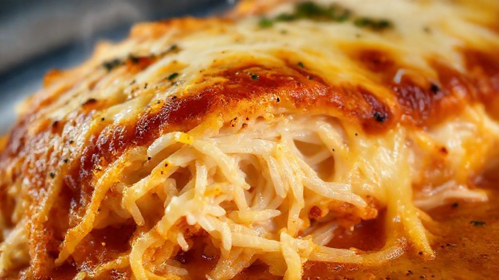 Close-up da parmegiana com queijo derretido e orégano, evidenciando textura e brilho do prato.