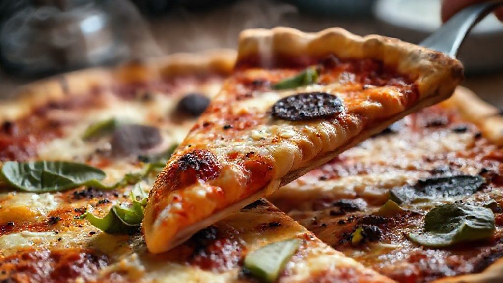 Close-up da pizza de liquidificador com queijo derretendo e bordas crocantes, destacando texturas
