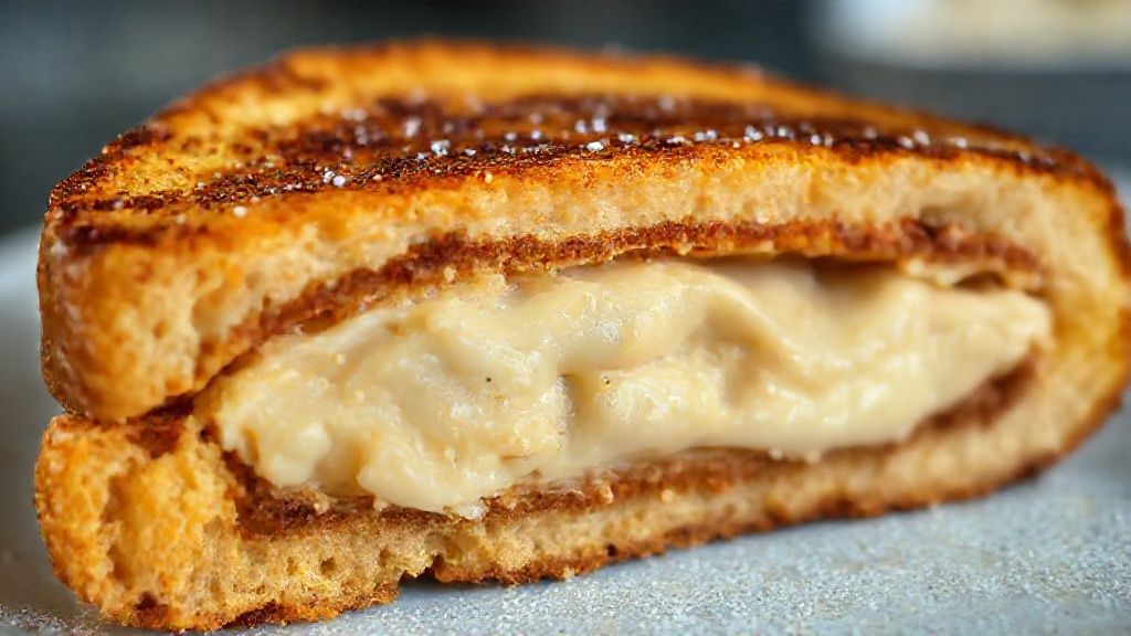 Close-up mostrando o interior cremoso e a crosta crocante da rabanada recheada pronta