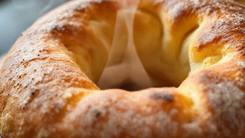 Close-up da rosca de polvilho dourada mostrando a textura crocante por fora e leve por dentro