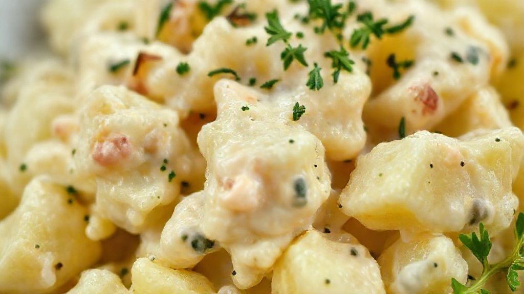 Close-up da salada pronta, destacando o brilho do molho e a textura das batatas e ervas