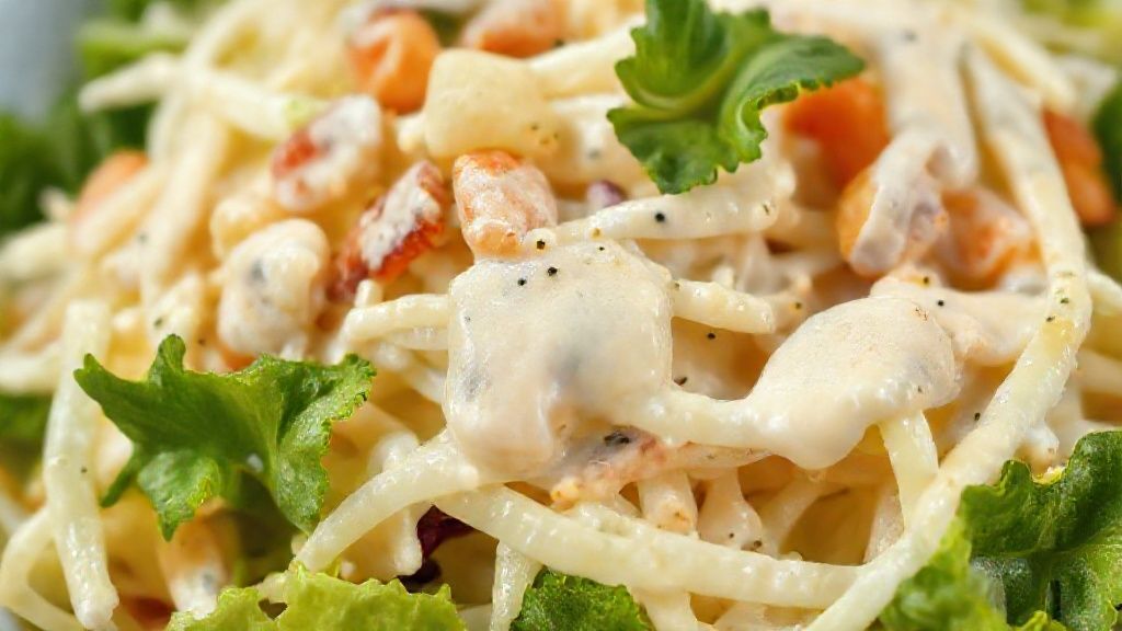 Close-up da salada servida, mostrando o brilho do molho e a textura dos vegetais