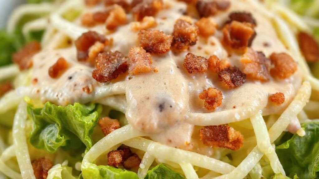 Close-up da salada de repolho com bacon crocante e molho cremoso