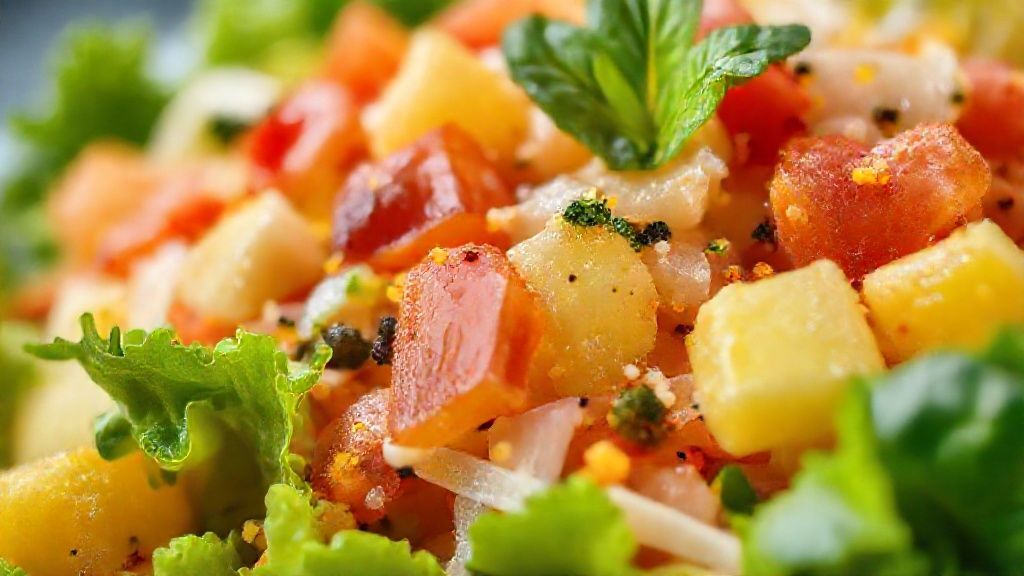 Close-up mostrando a textura e brilho da salada tropical pronta, com cores vibrantes