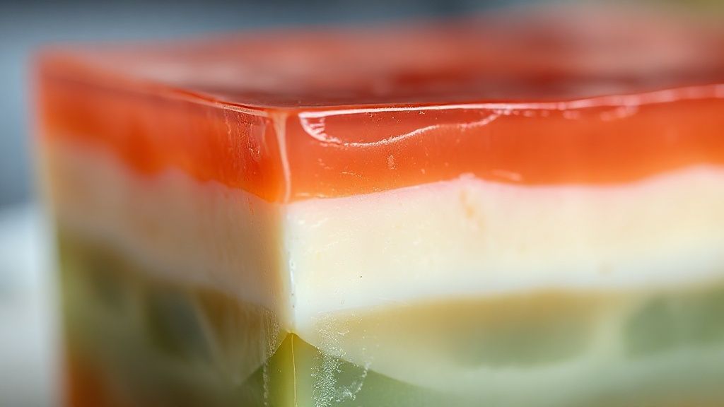 Close-up mostrando as camadas coloridas e textura cremosa da sobremesa pronta