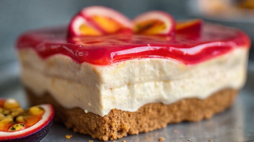 Close-up das camadas do pavê de maracujá, mostrando a textura cremosa e o contraste da ganache