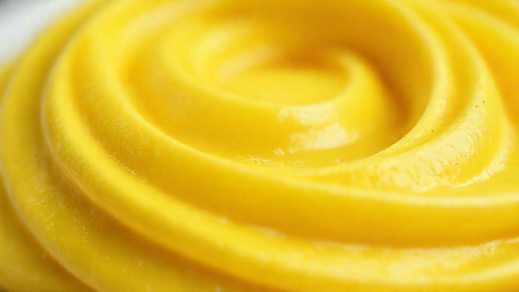 Close-up da sobremesa cremosa de maracujá, destacando sua textura lisa e brilho