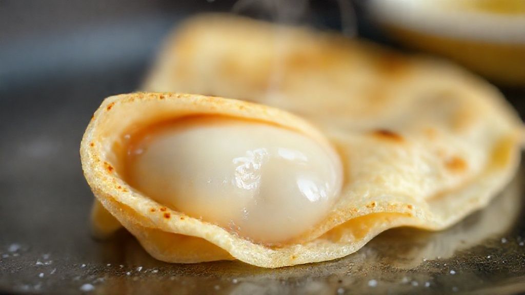 Close-up da tapioca com recheio de queijo derretendo e textura macia evidente