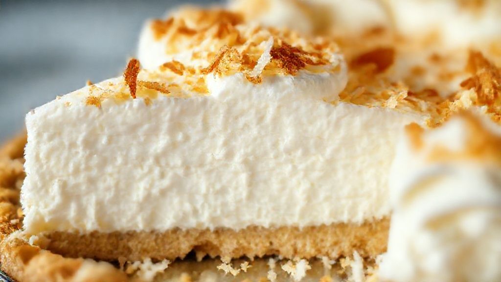 Close-up da fatia da torta dos anjos mostrando as camadas de creme e base crocante de coco