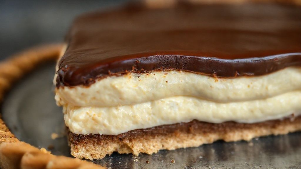 Close-up mostrando a textura cremosa da torta holandesa e o brilho da ganache