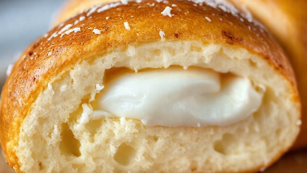 Close-up da trança doce cortada, mostrando a textura fofa e o recheio cremoso de coco.