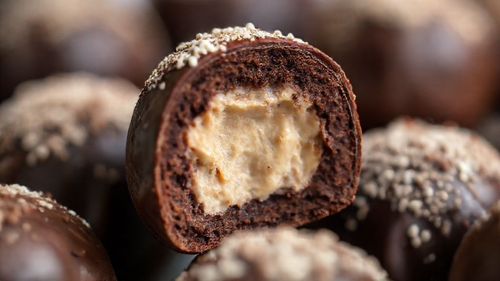 Close-up de uma trufa cortada ao meio mostrando a textura cremosa do interior