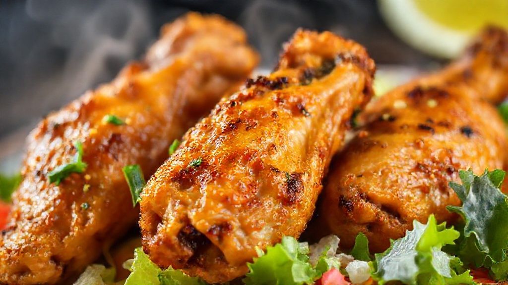 Close-up das asinhas douradas com salada colorida, destacando a textura crocante e o frescor