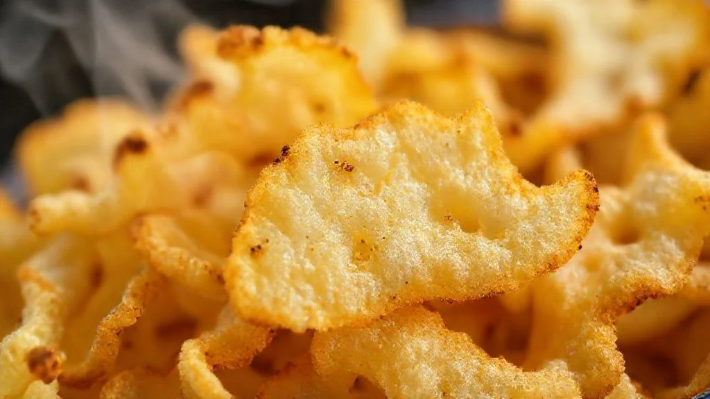 Close-up mostrando a textura aerada e dourada das lascas prontas, destacando sua crocância