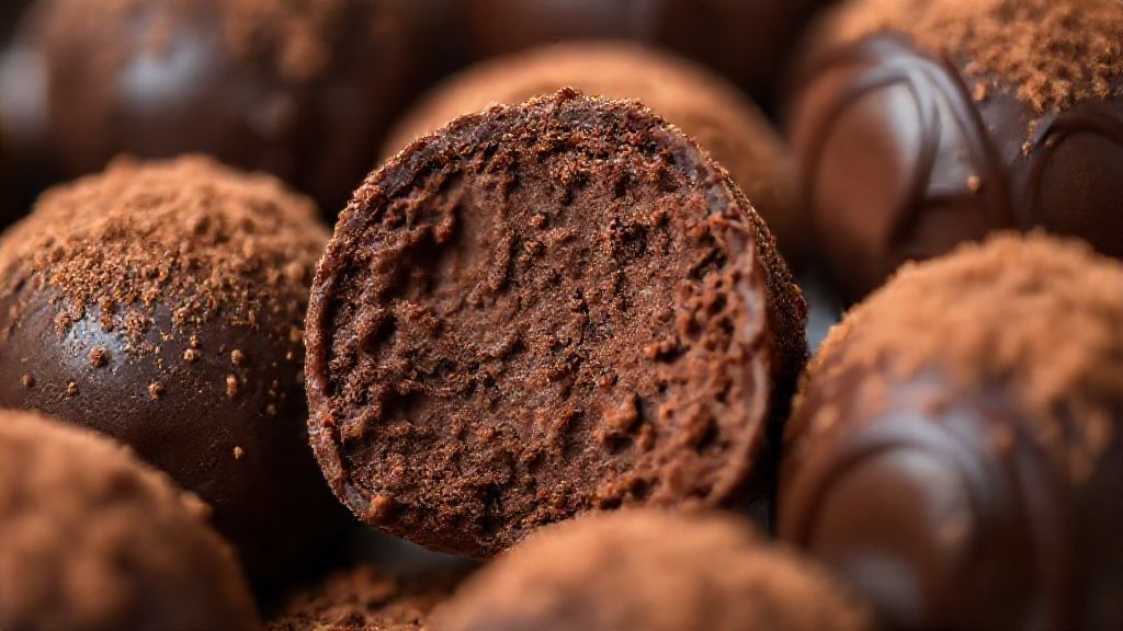 Close-up das trufas prontas cobertas com cacau e raspas de chocolate, destacando textura e brilho.