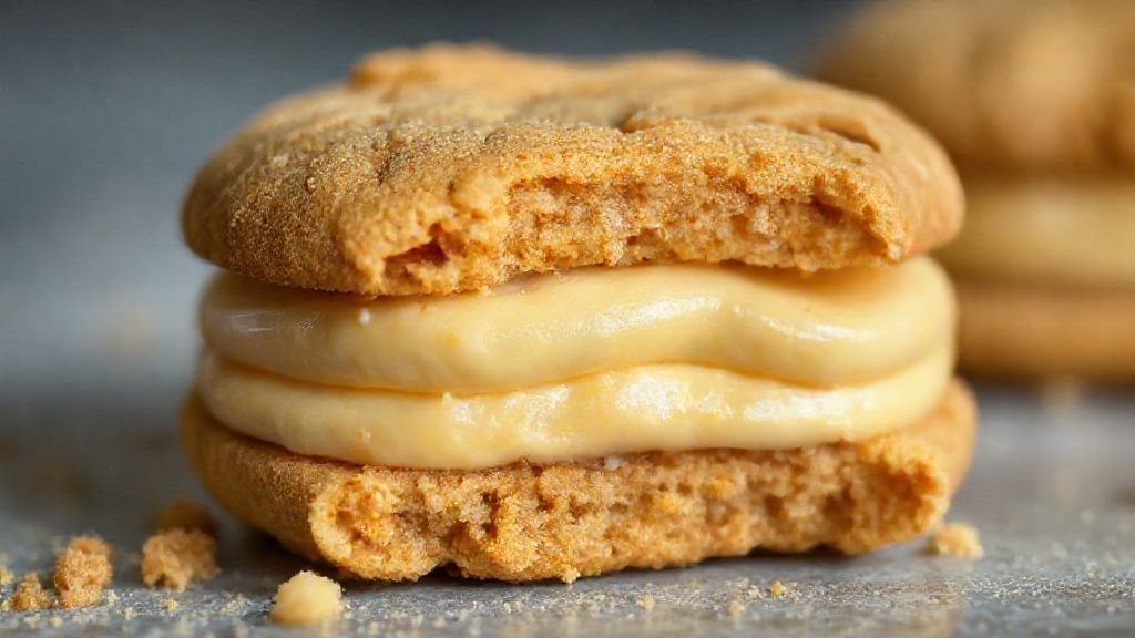 Close-up do alfajor cortado ao meio, mostrando o recheio generoso e a textura macia da massa